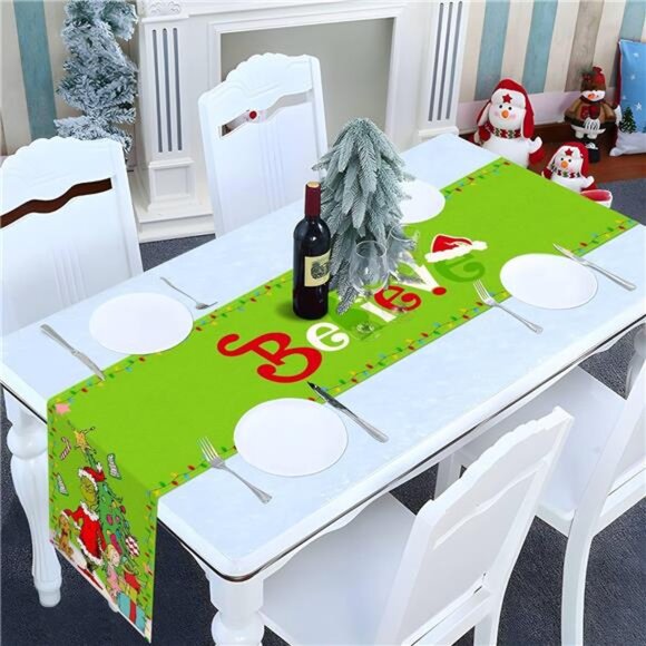Green Christmas Table Runner, Whoville Believe Theme, 13x72, Holiday Party Decor - Picture 4 of 6